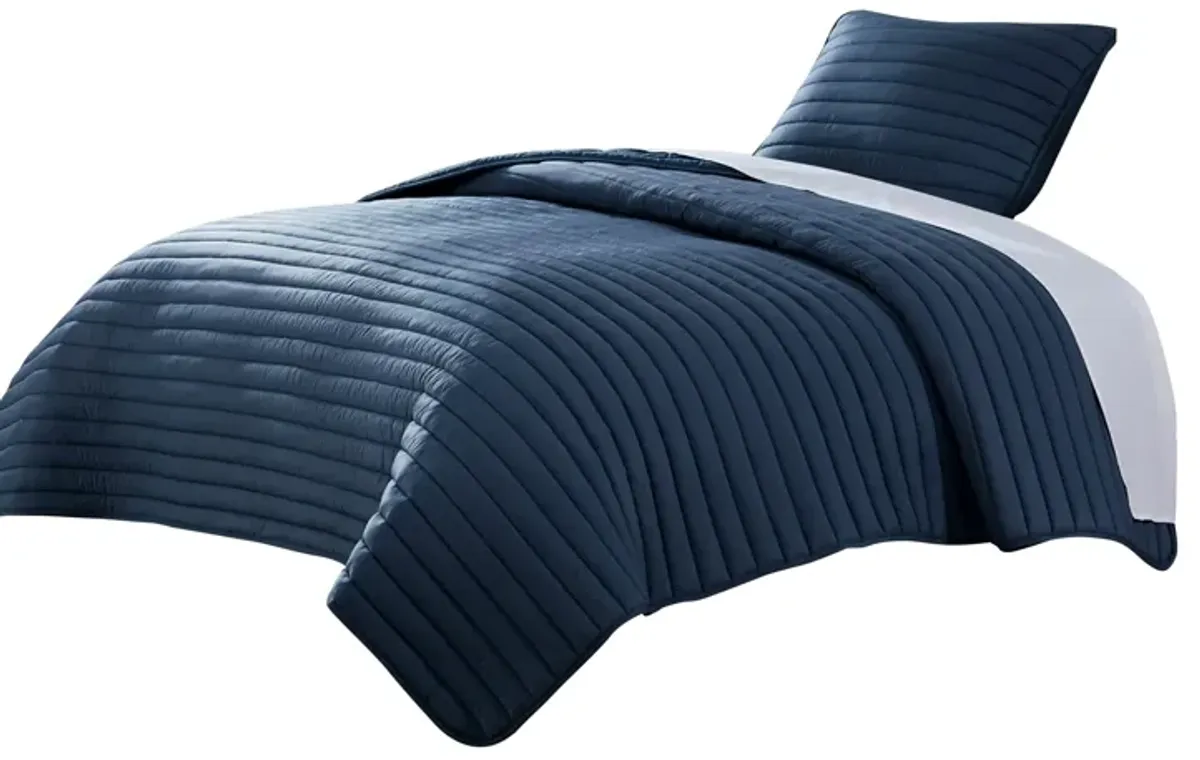 Cabe 2 Piece Twin Comforter Set, Polyester Puffer Channel Quilted Navy Blue - Benzara