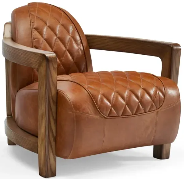 Pasargad Home Ethan Top-Grain Leather Lounge Chair with Solid Wood Armrests
