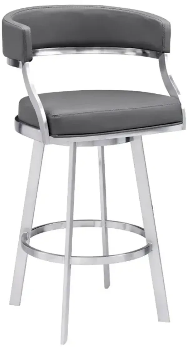 Hivvago 26 Inch Gray and Silver Faux Leather and Iron Low Back Counter Height Swivel Bar Chair