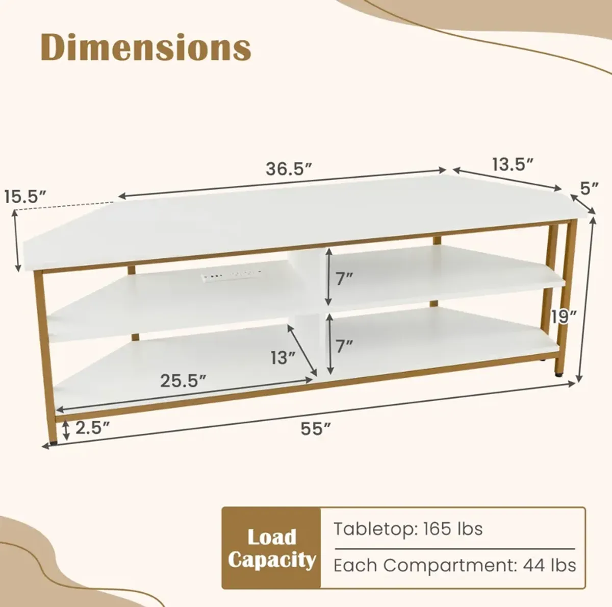 3-Tier Corner TV Stand for TVs up to 65 Inches with Charging Station