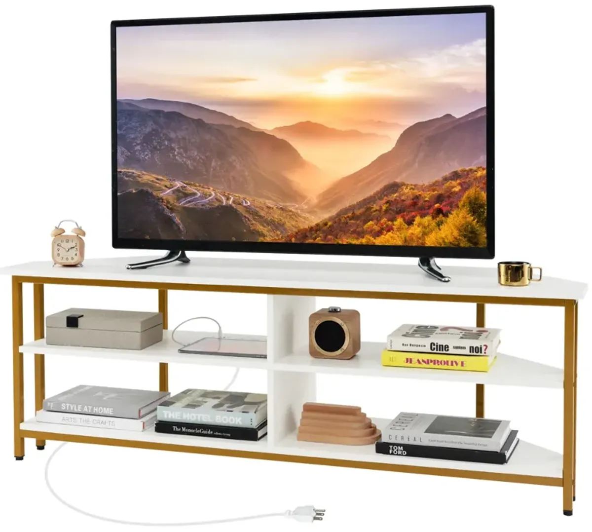 3-Tier Corner TV Stand for TVs up to 65 Inches with Charging Station