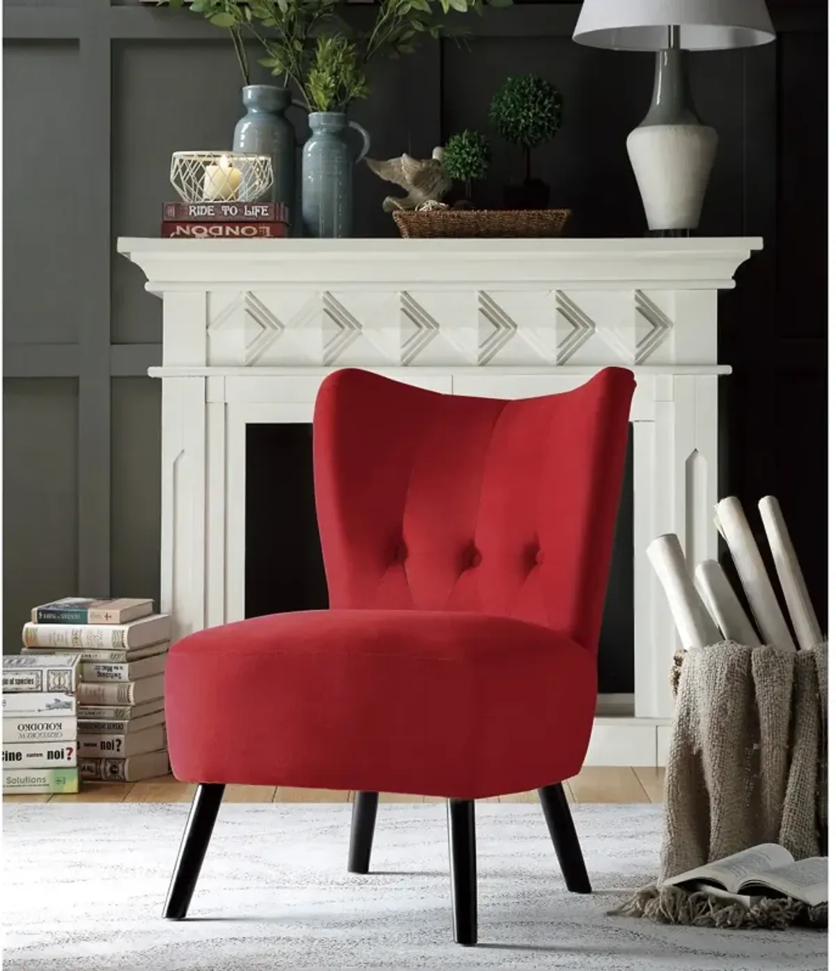 Unique Style Red Velvet Covering Accent Chair Button-Tufted Back Brown Finish Wood Legs Modern