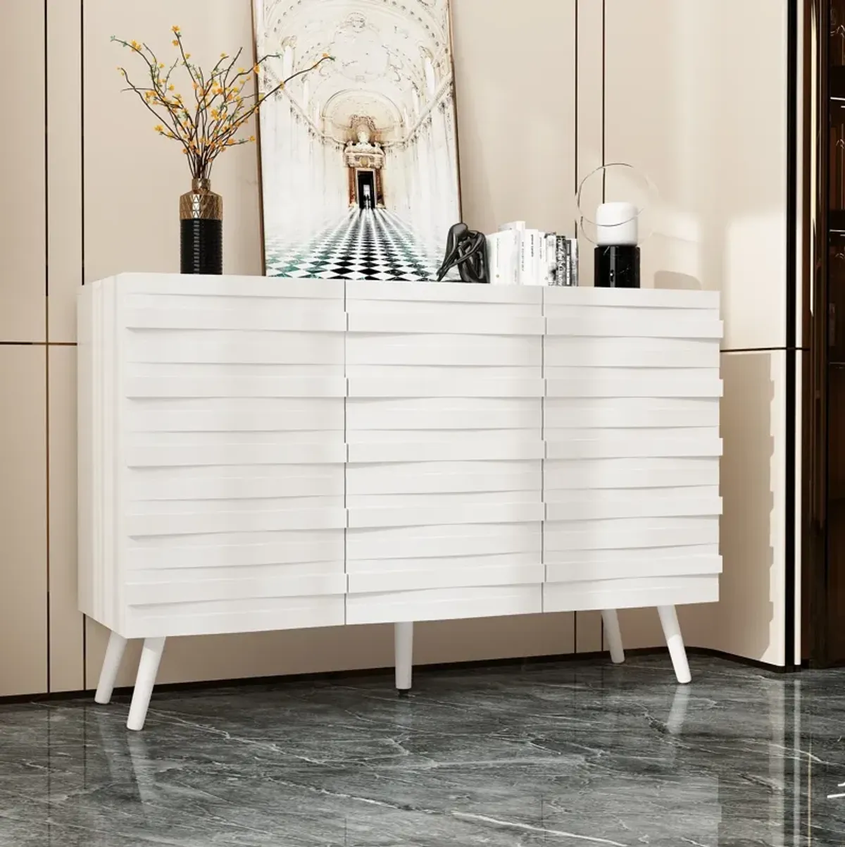 FUFU&GAGA Modern Storage Cabinet with 2 Adjustable Shelves, Solid Wood Legs & Embossed Laminate Finish