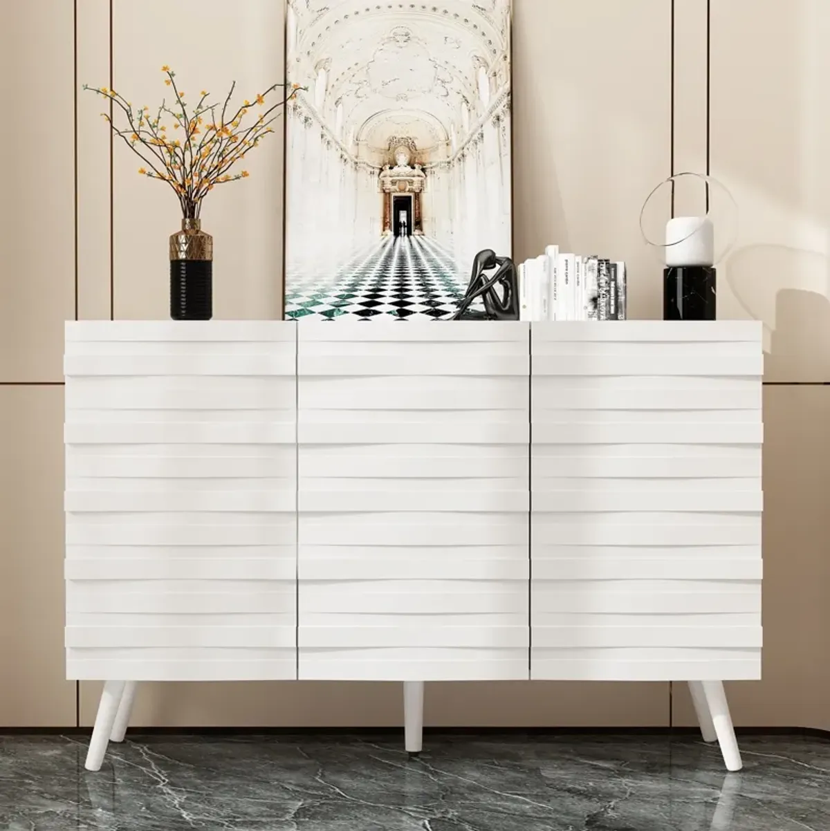 FUFU&GAGA Modern Storage Cabinet with 2 Adjustable Shelves, Solid Wood Legs & Embossed Laminate Finish