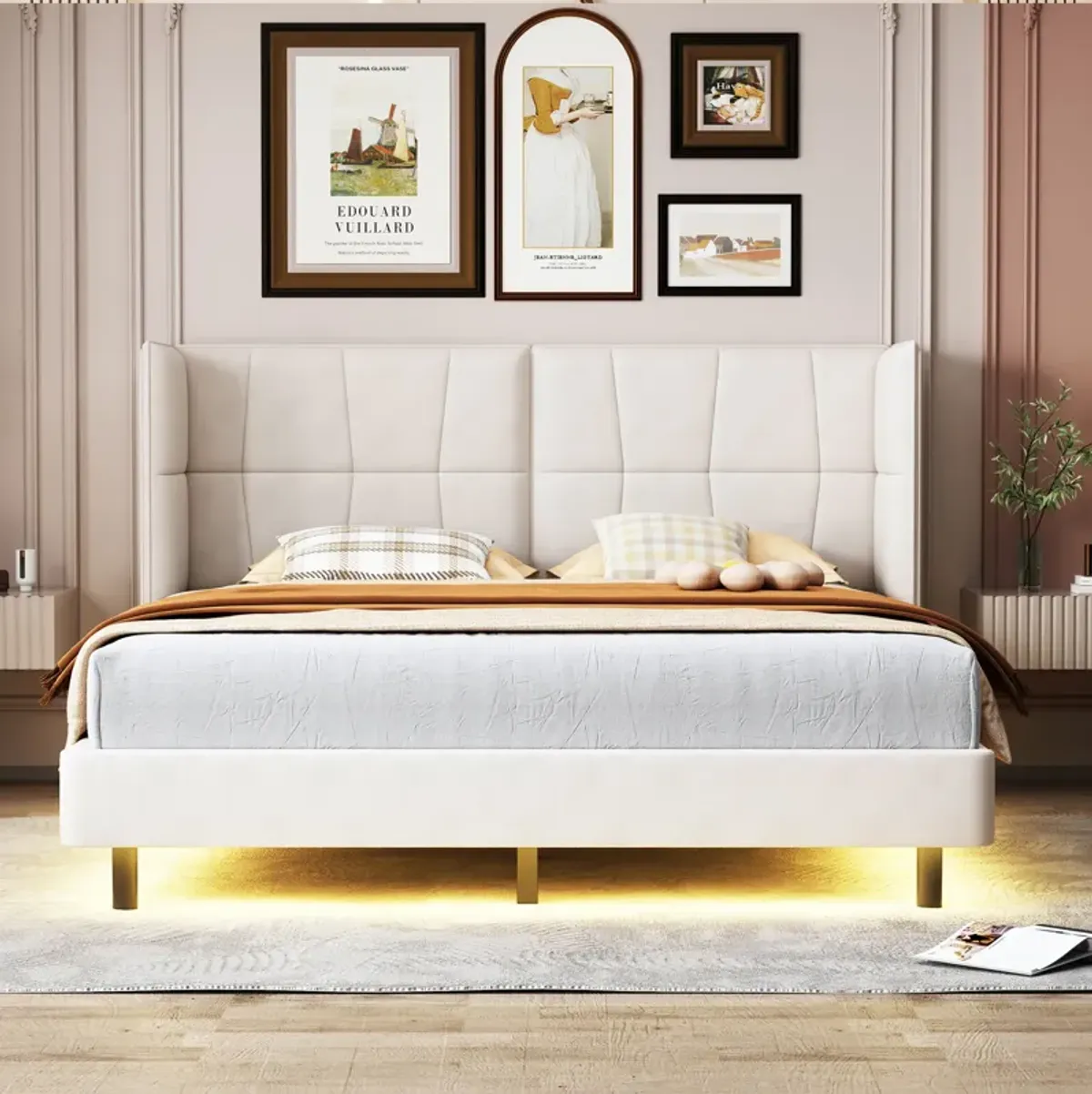 Merax U-Shaped Headboard  Platform Bed with LED Lights