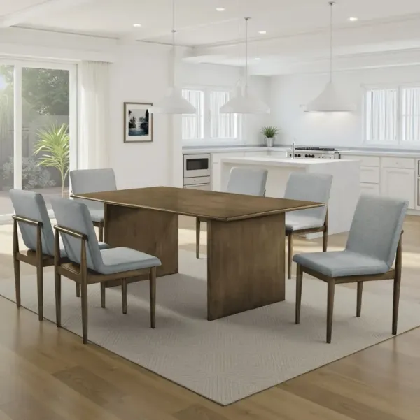 Heln 7pc Dining Table and Chair Set, Light Gray Fabric, Natural Brown - Benzara