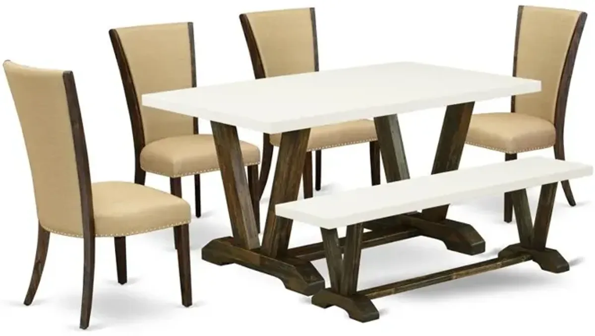 East West Furniture V726VE703-6 6 Piece Dining Room Table Set - 4 Brown Linen Fabric Dining Chair with Nailheads and Linen White Wood Table - 1 Dining Bench - Distressed Jacobean Finish