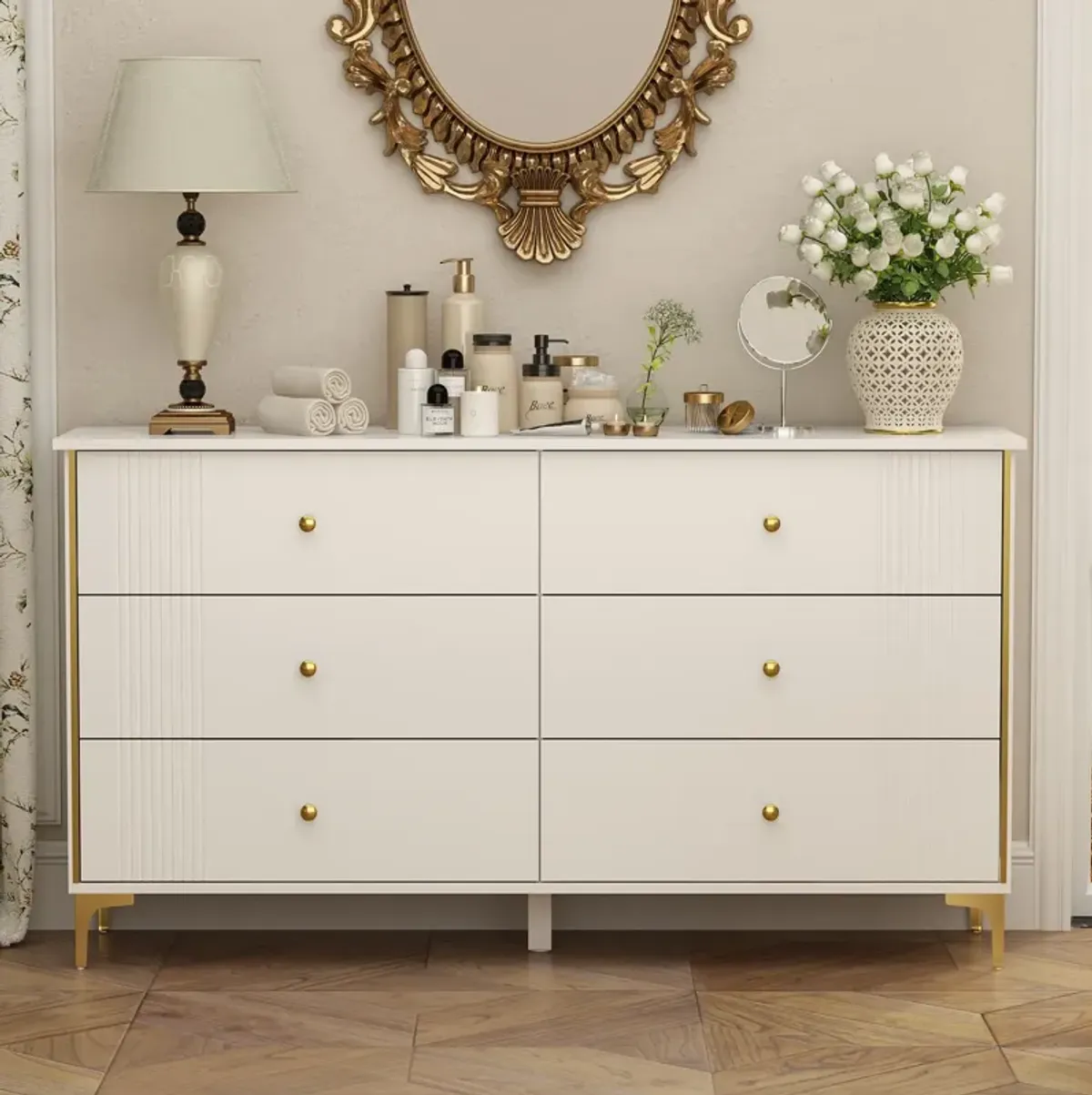 White 6-Drawer 29.3 in. Width Wooden Dresser, Make Up Vanity, Bedside Chest, Accent Storage Cabinet without Mirror