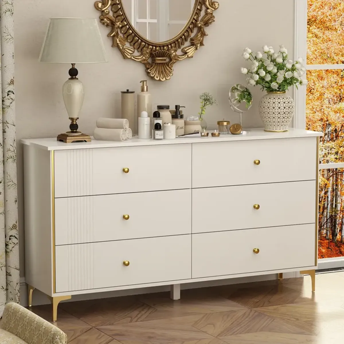 White 6-Drawer 29.3 in. Width Wooden Dresser, Make Up Vanity, Bedside Chest, Accent Storage Cabinet without Mirror