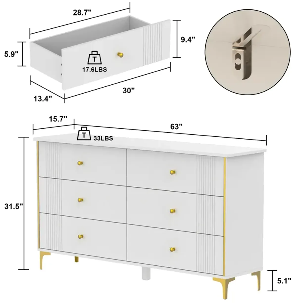 White 6-Drawer 29.3 in. Width Wooden Dresser, Make Up Vanity, Bedside Chest, Accent Storage Cabinet without Mirror