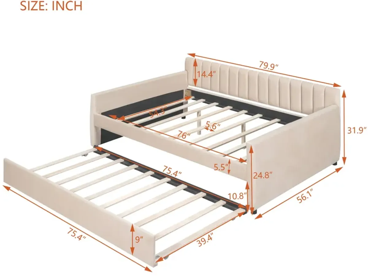 Upholstered Daybed with Trundle and Wood Slat Support