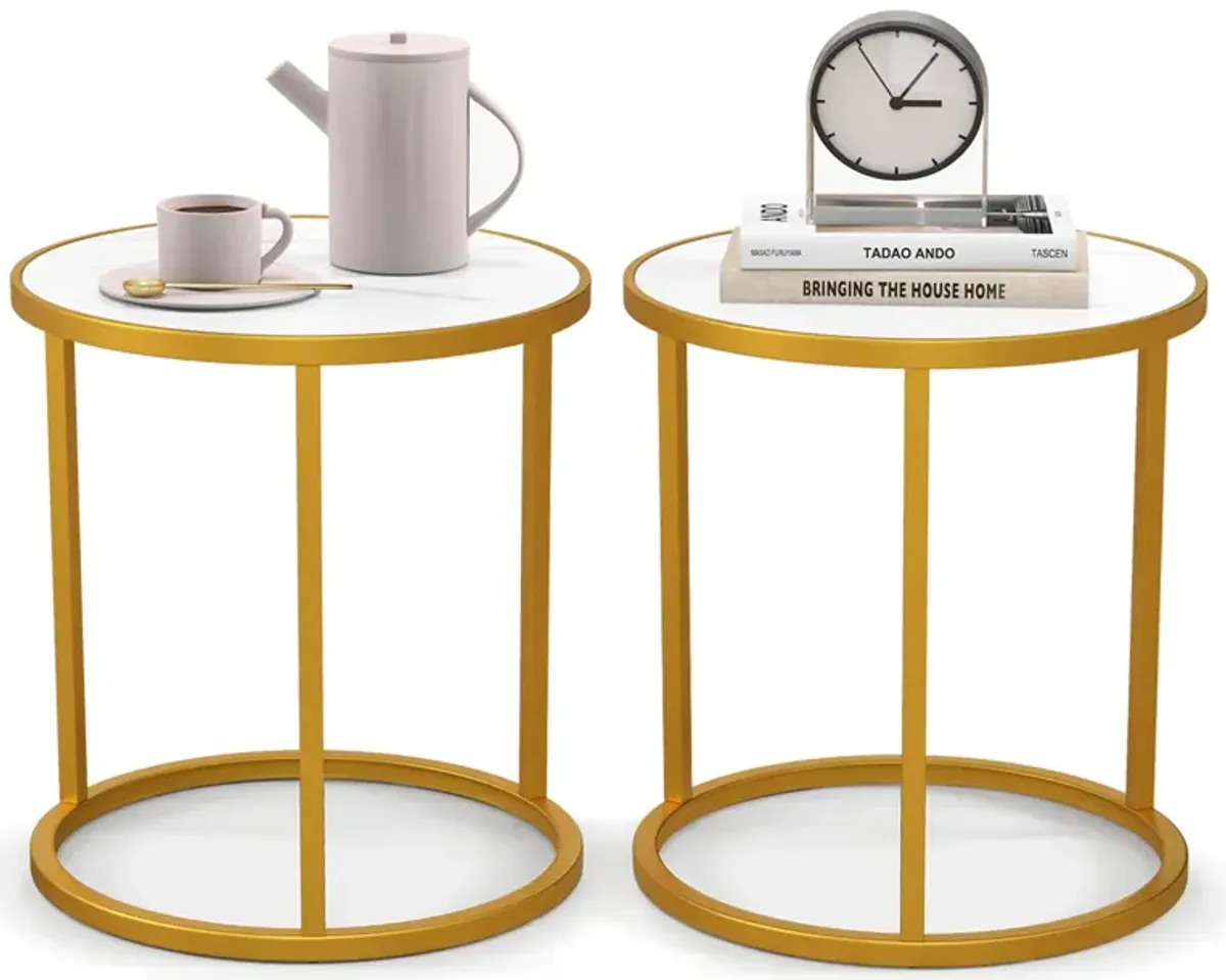 Marble Top Round Side Table 16-Inch End Table with Golden Metal Frame-Set of 2