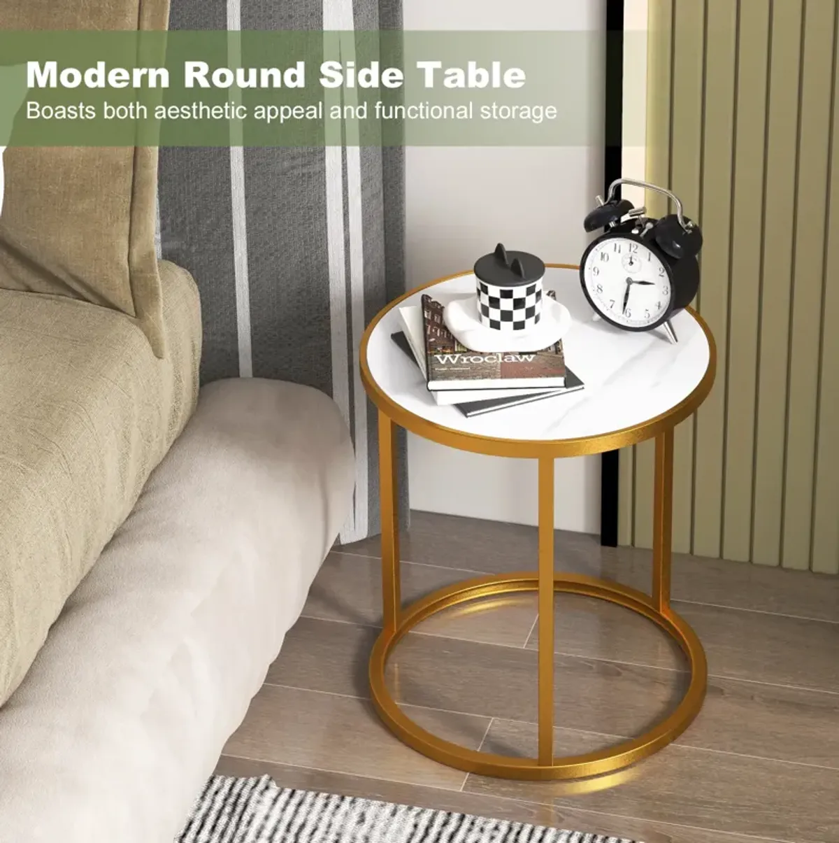 Marble Top Round Side Table 16-Inch End Table with Golden Metal Frame-Set of 2