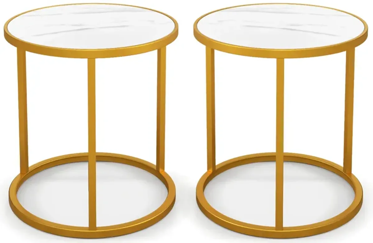 Marble Top Round Side Table 16-Inch End Table with Golden Metal Frame-Set of 2