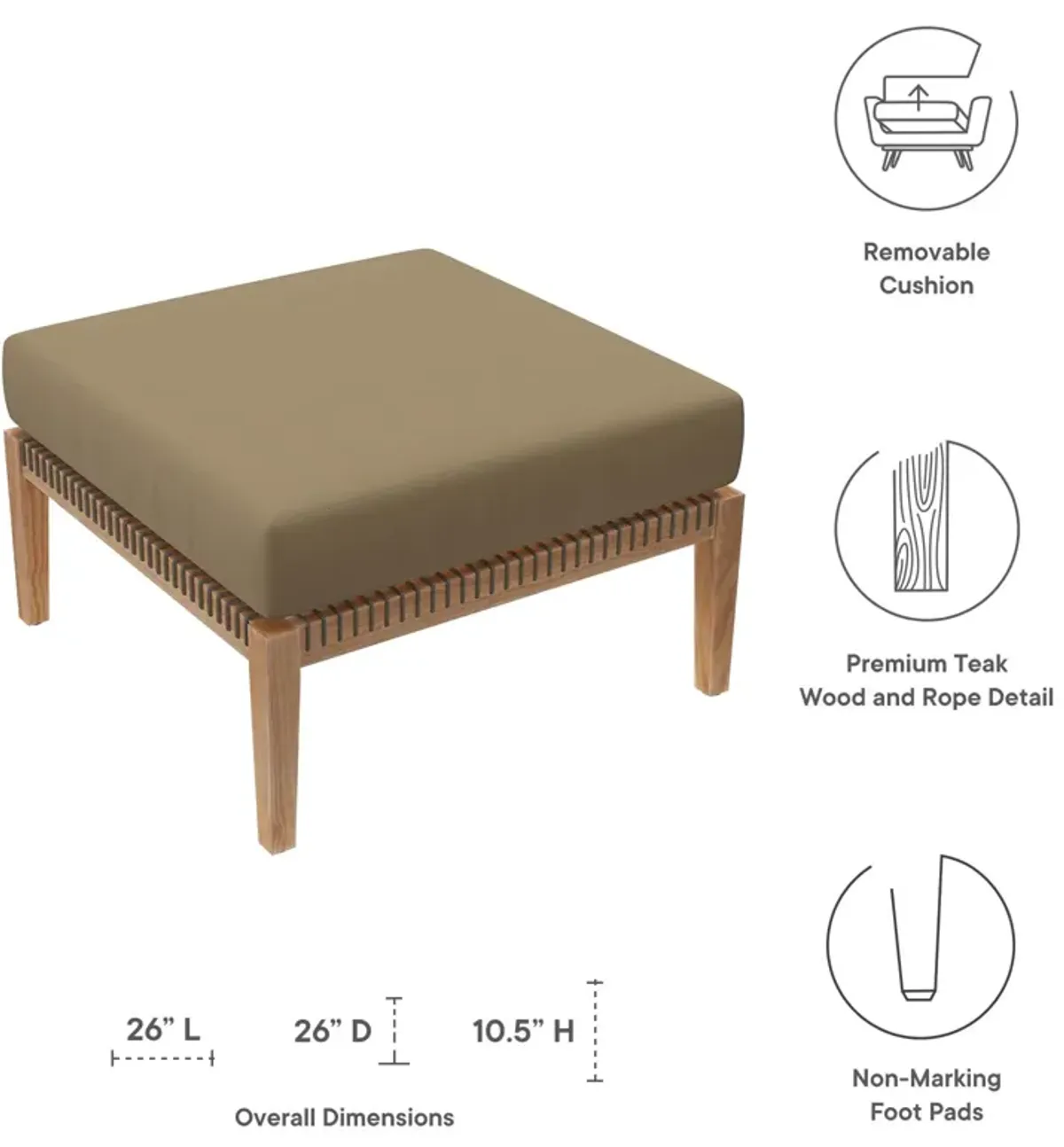 Clearwater Outdoor Patio Teak Wood Ottoman