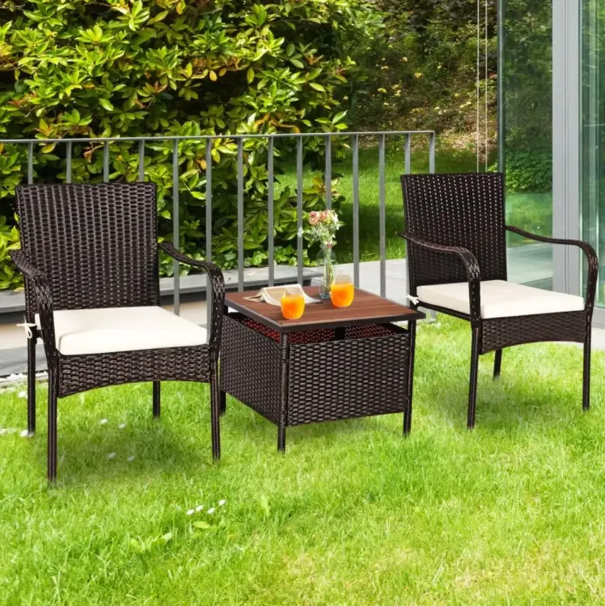 Hivvago 3 Pieces Patio Rattan Furniture Bistro Set with Wood Side Table and Stackable Chair