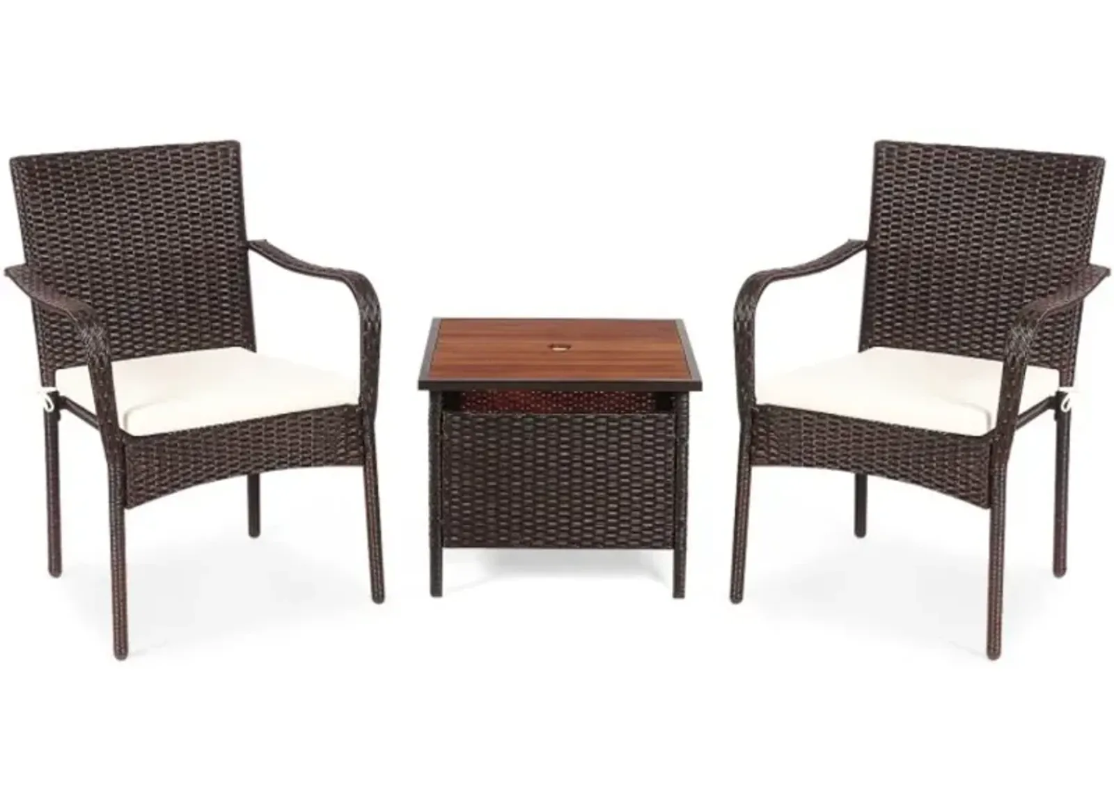 Hivvago 3 Pieces Patio Rattan Furniture Bistro Set with Wood Side Table and Stackable Chair