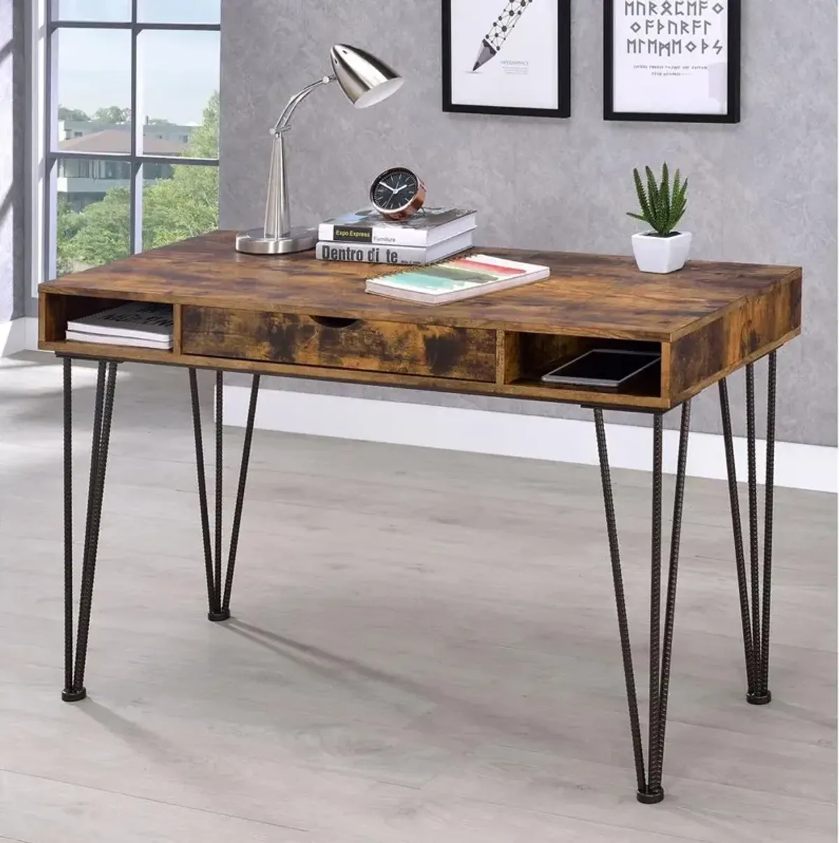 Olvera 1-drawer Writing Desk Antique Nutmeg and Dark Bronze