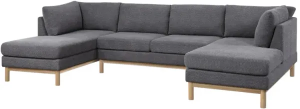 Hle 124 Inch Wide Sectional Sofa Double Chaise, U Shape, Gray Sherpa, Wood - Benzara