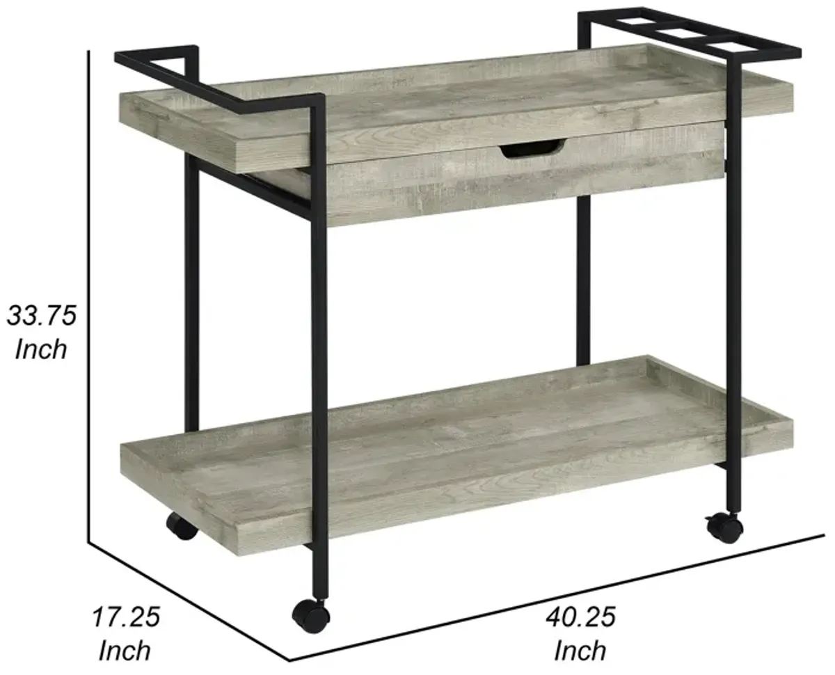 Tra 40 Inch Rolling Bar Cart, 2 Tier with Drawer, Gray Wood, Black Metal - Benzara