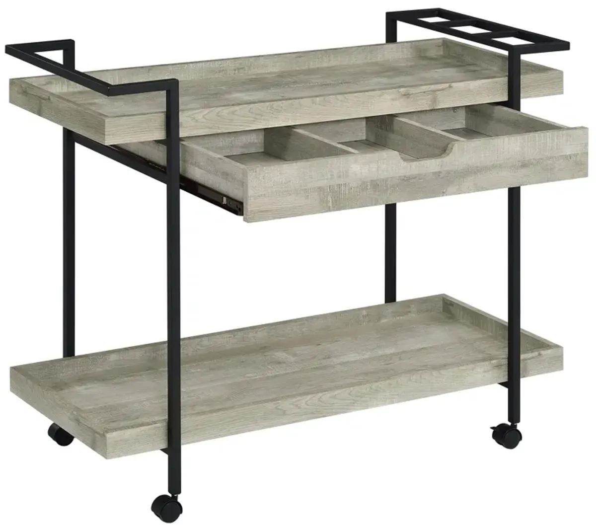 Tra 40 Inch Rolling Bar Cart, 2 Tier with Drawer, Gray Wood, Black Metal - Benzara