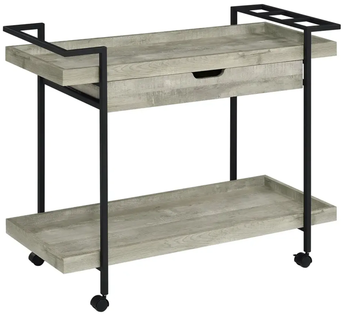 Tra 40 Inch Rolling Bar Cart, 2 Tier with Drawer, Gray Wood, Black Metal - Benzara