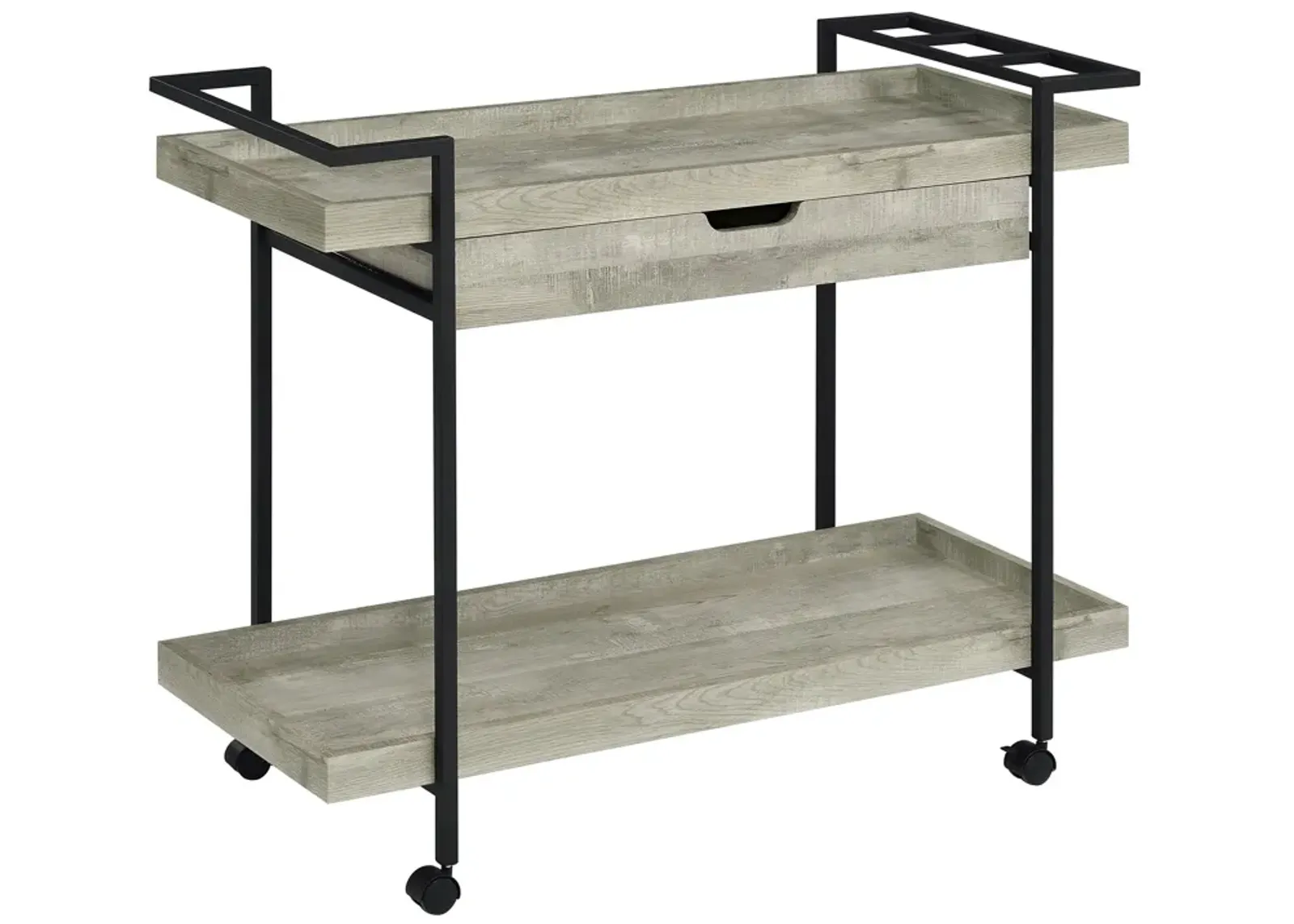 Tra 40 Inch Rolling Bar Cart, 2 Tier with Drawer, Gray Wood, Black Metal - Benzara