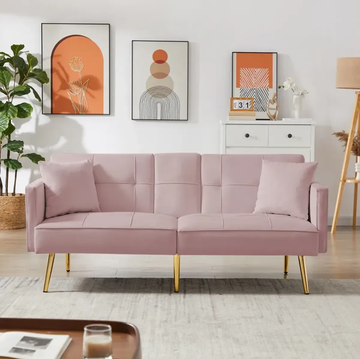 PINK VELVET SOFA BED