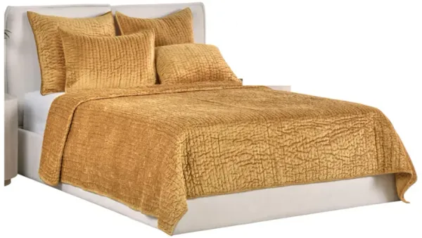 Romie Queen Kantha Quilt, Hand-Stitched Honey Gold Rayon Velvet Cotton - Benzara