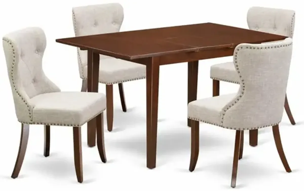 East-West Furniture NFSI5-MAH-35 - A dining table set of 4 fantastic parson dining chairs with Linen Fabric Doeskin color and an attractive 12" butterfly leaf rectangle wooden dining table with Mahoga