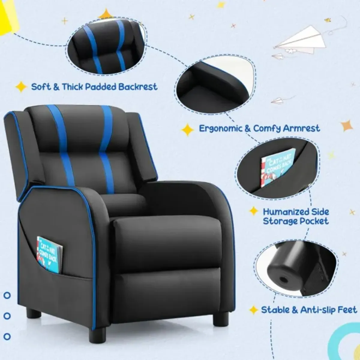 Hivvago Kids Recliner Chair with Side Pockets and Footrest