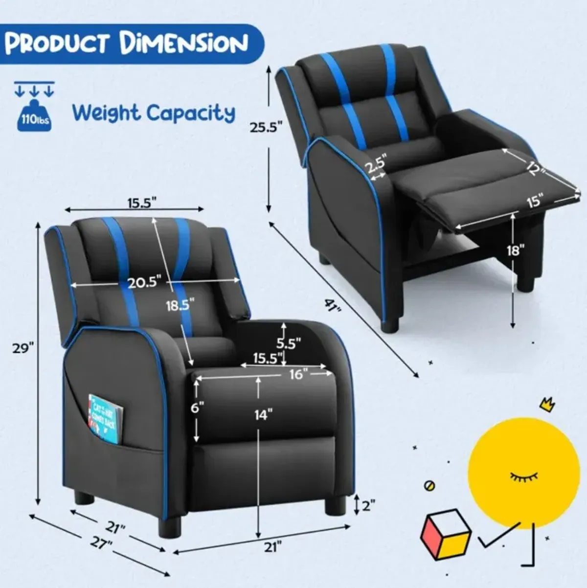 Hivvago Kids Recliner Chair with Side Pockets and Footrest