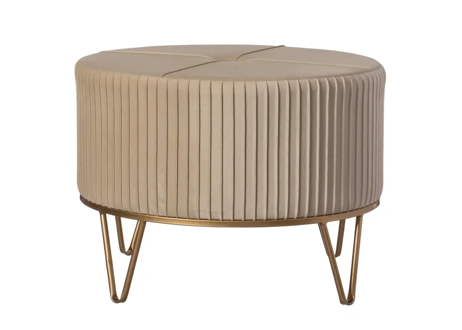 Round Velvet Ottoman Stool Raised with Hairpin Gold Base, Cream, Large