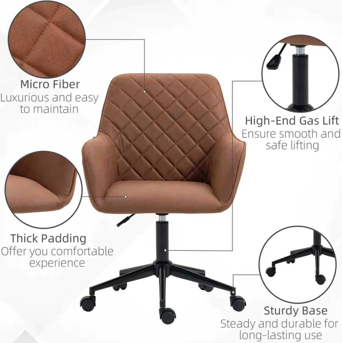 Vinsetto Mid Back Modern Home Office Chair Swivel Computer Desk Chair with Adjustable Height, Microfiber Cloth, Diamond Line Design, and Padded Armrests, Brown