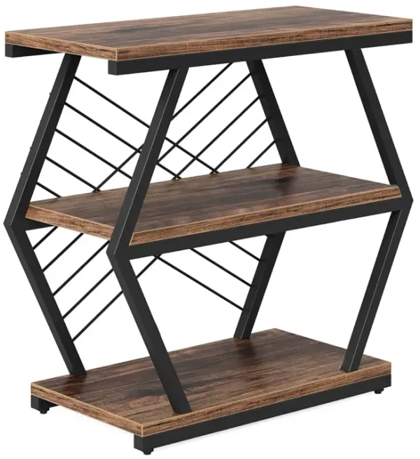 Side End Table, 3 Tier Brown Wood Shelves, Black Metal Frame, 26 Inch - Benzara