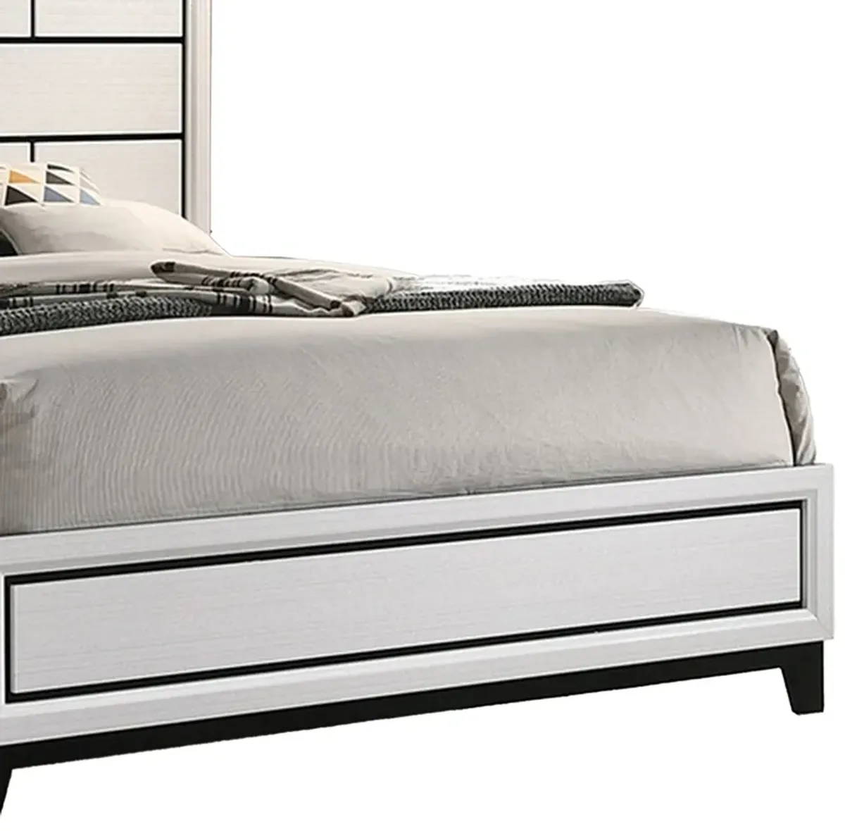 Erica Queen Size Bed, White and Black Wood Finish, Panel Style Headboard