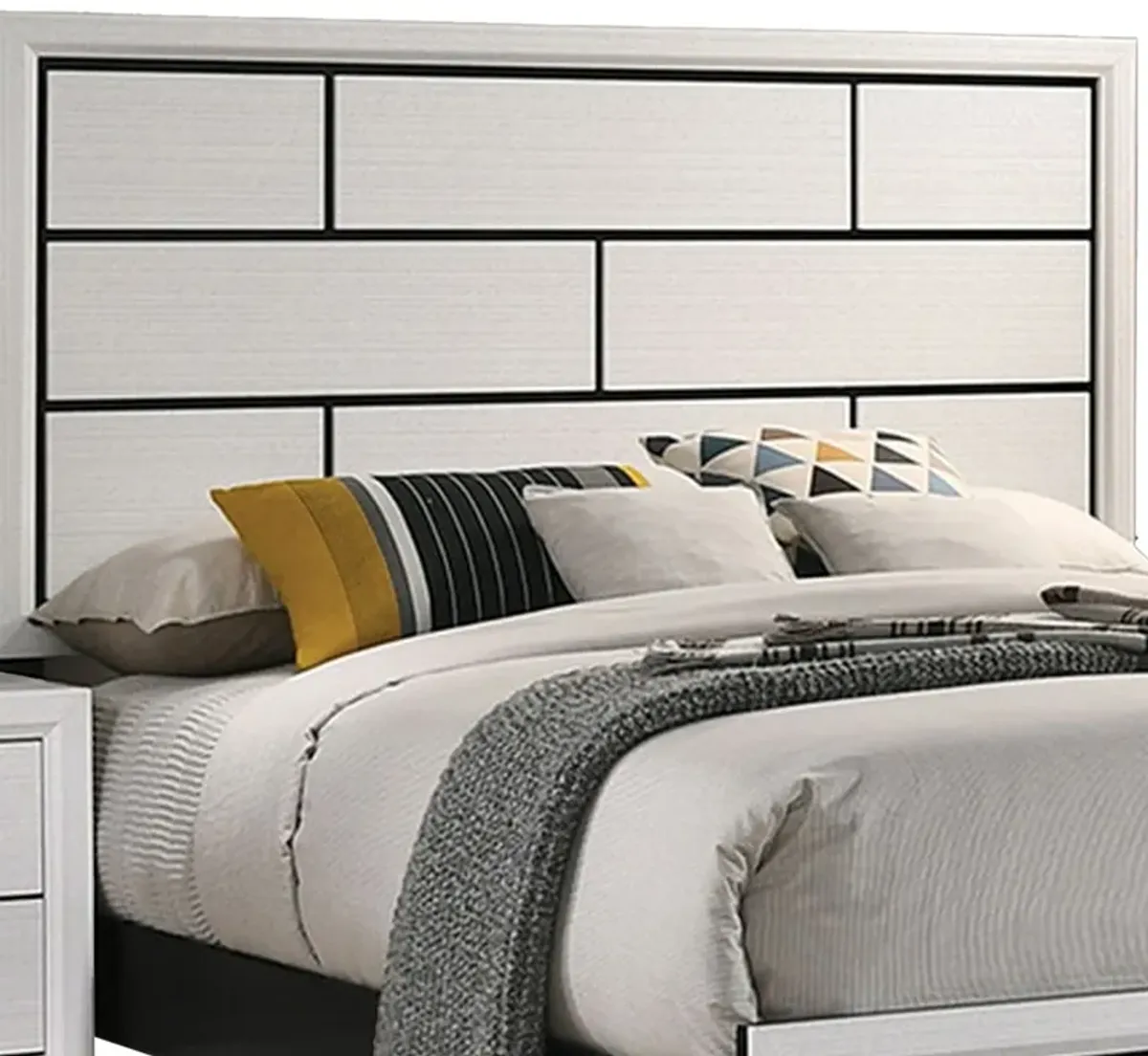 Erica Queen Size Bed, White and Black Wood Finish, Panel Style Headboard