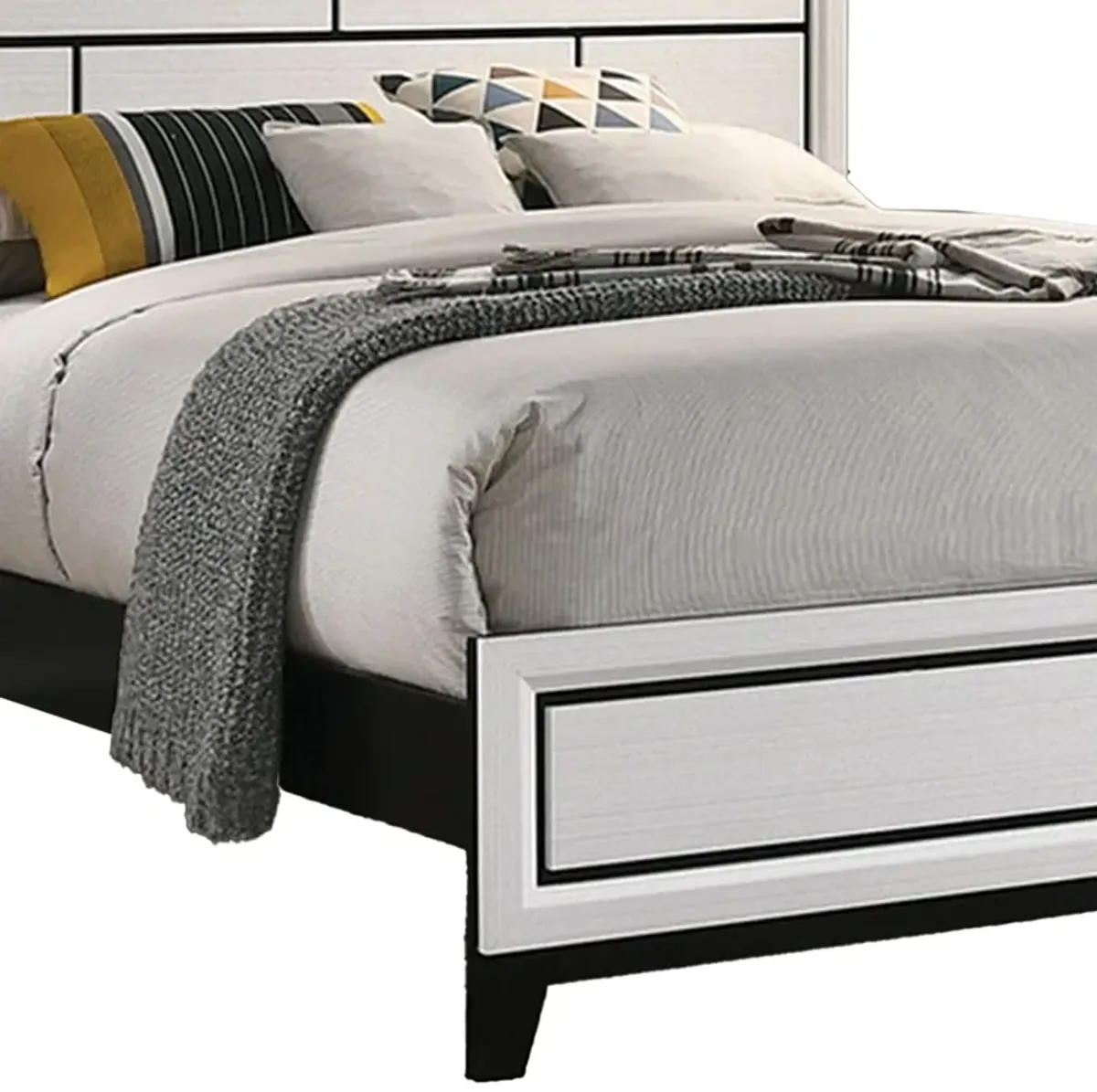 Erica Queen Size Bed, White and Black Wood Finish, Panel Style Headboard