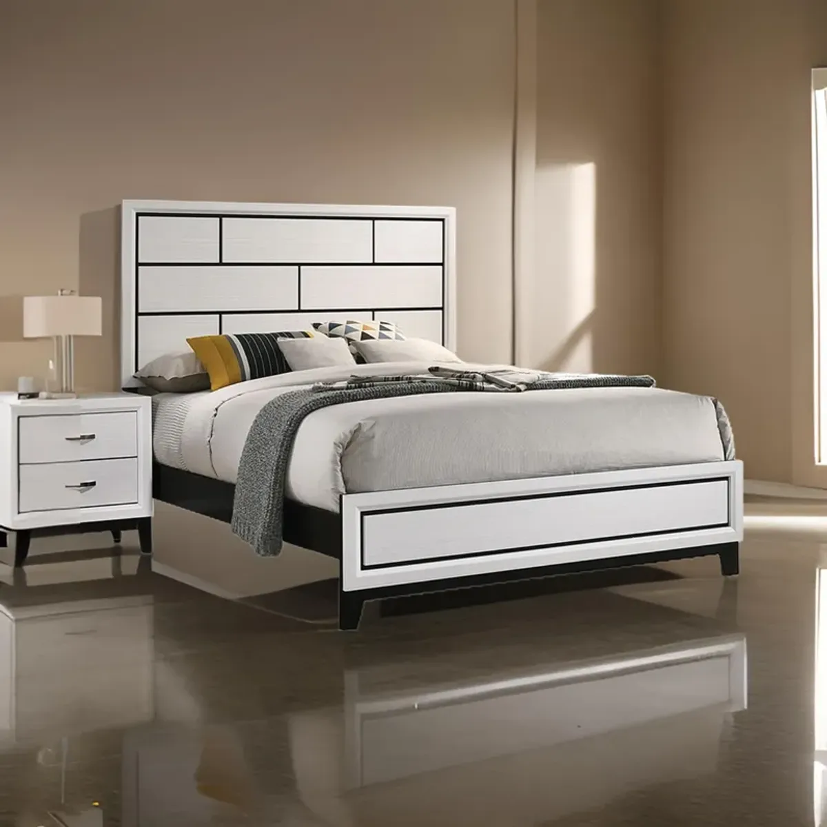 Erica Queen Size Bed, White and Black Wood Finish, Panel Style Headboard