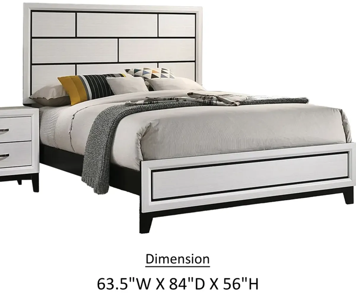 Erica Queen Size Bed, White and Black Wood Finish, Panel Style Headboard