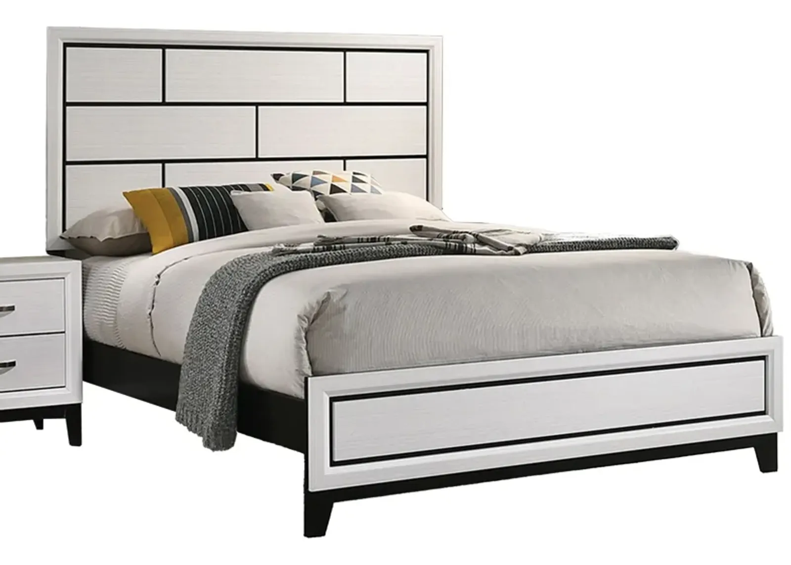 Erica Queen Size Bed, White and Black Wood Finish, Panel Style Headboard