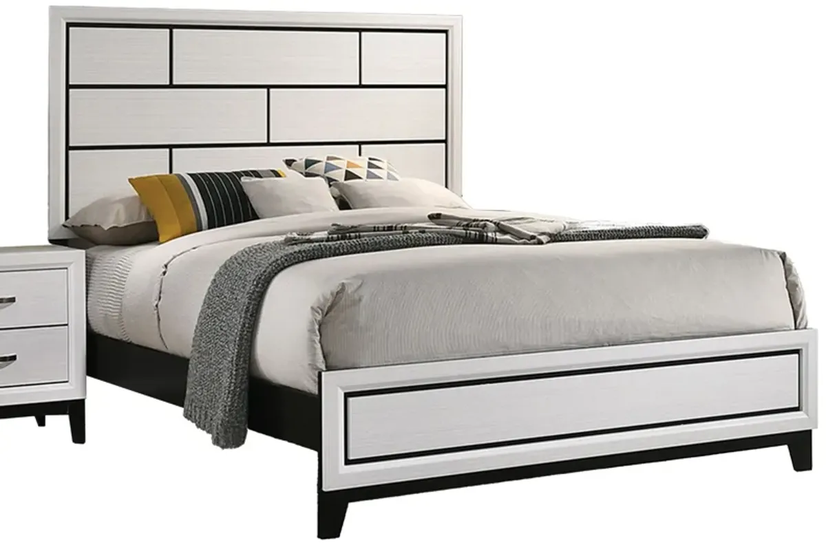 Erica Queen Size Bed, White and Black Wood Finish, Panel Style Headboard