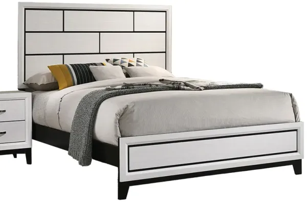 Erica Queen Size Bed, White and Black Wood Finish, Panel Style Headboard - Benzara