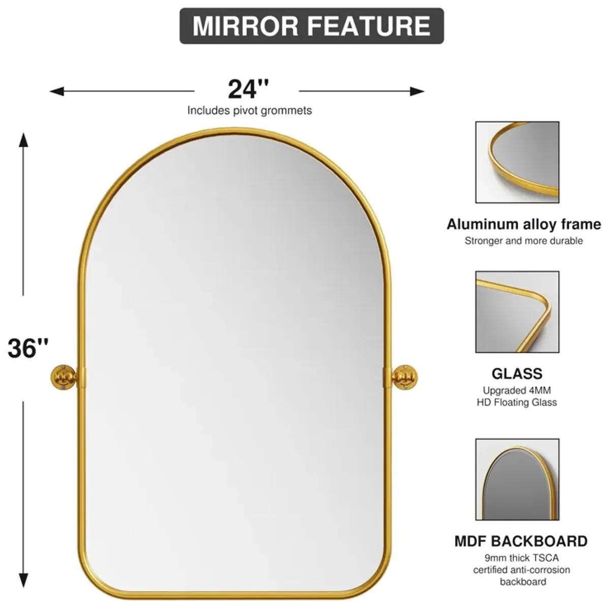 24*36  Arched Metal Framed Round Corner Bathroom Vanity Mirror in Gold