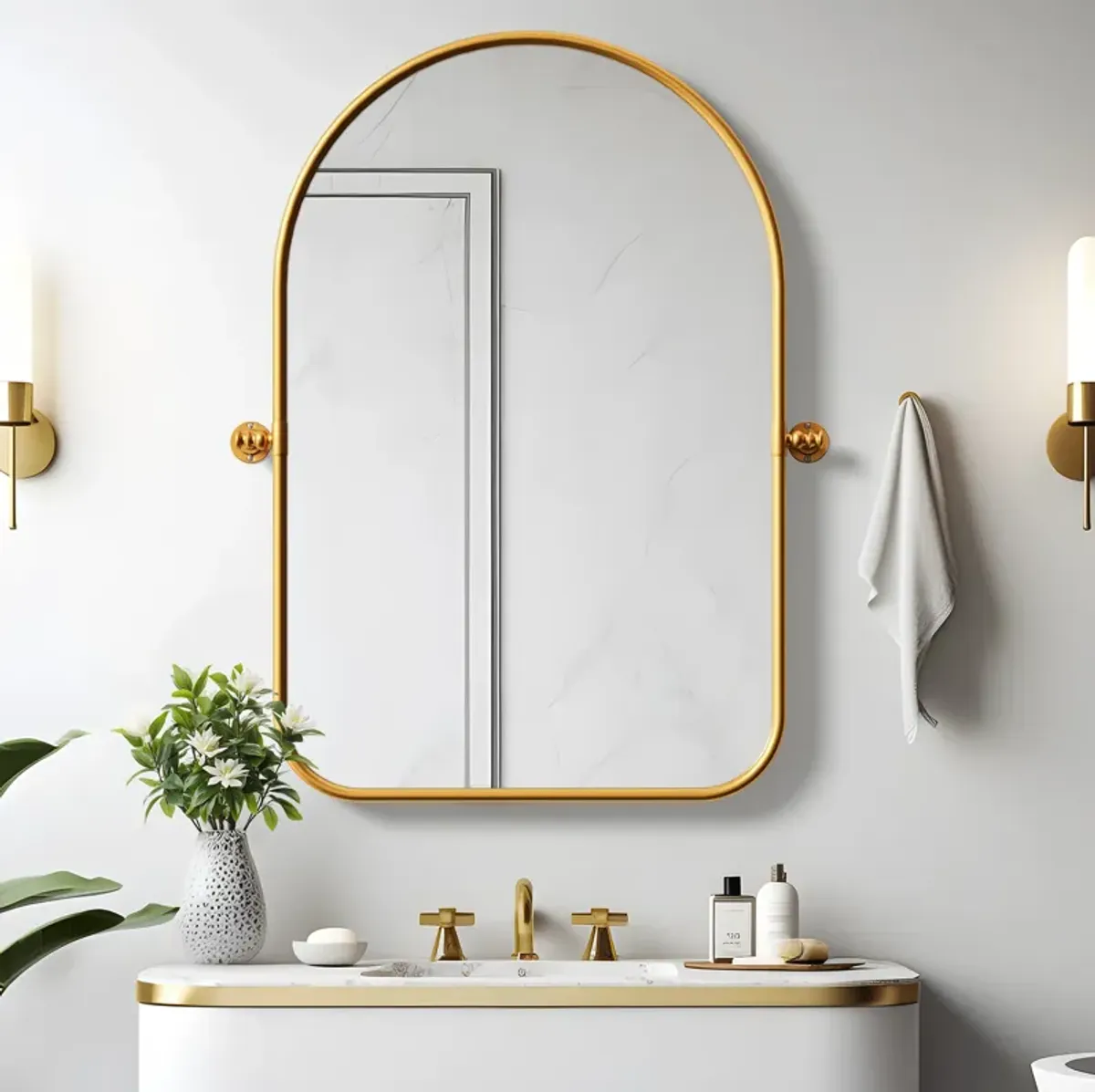 24*36  Arched Metal Framed Round Corner Bathroom Vanity Mirror in Gold