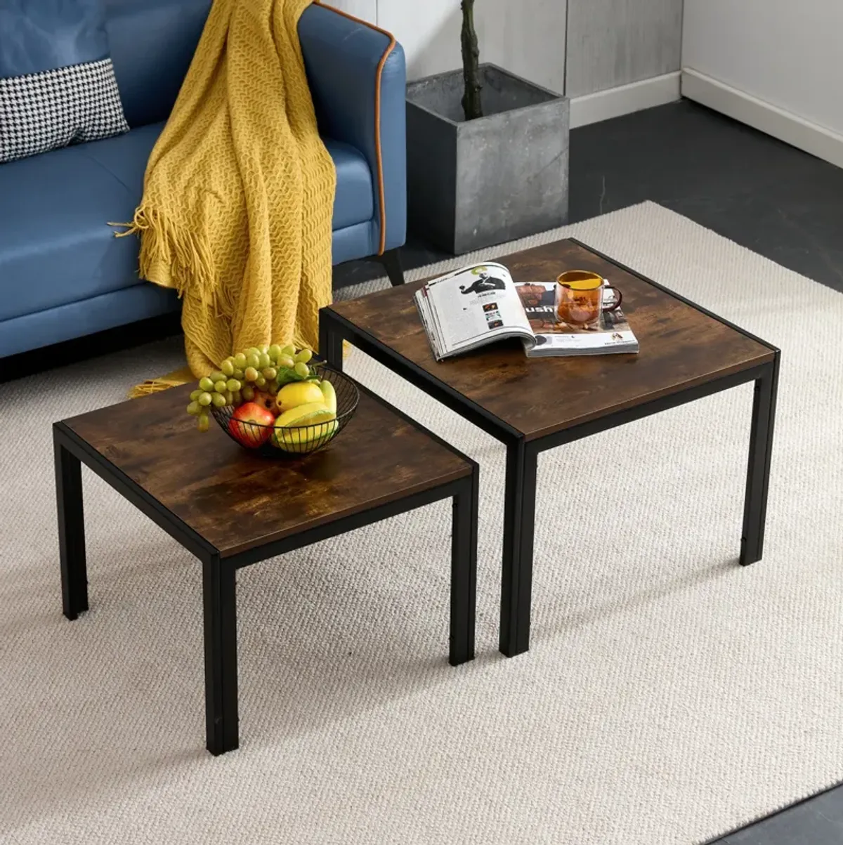 Nesting Coffee Table Set Of 2, Square Modern Stacking Table With Wood Finish For Living Room