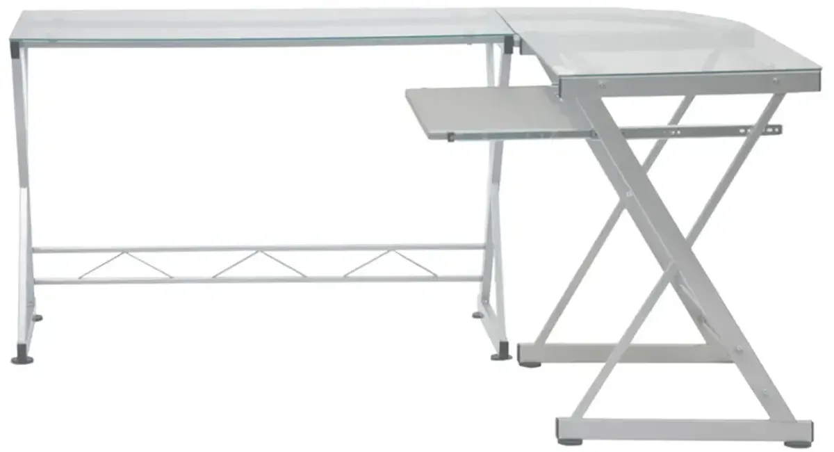 L-Shaped Tempered Glass Top Computer Desk with Pull Out Keyboard Panel, Clear