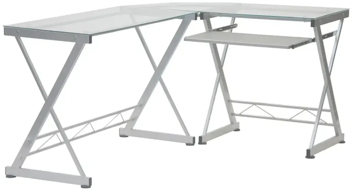 L-Shaped Tempered Glass Top Computer Desk with Pull Out Keyboard Panel, Clear