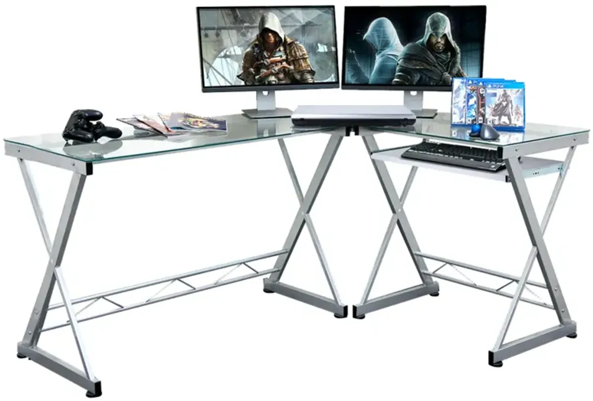 L-Shaped Tempered Glass Top Computer Desk with Pull Out Keyboard Panel, Clear