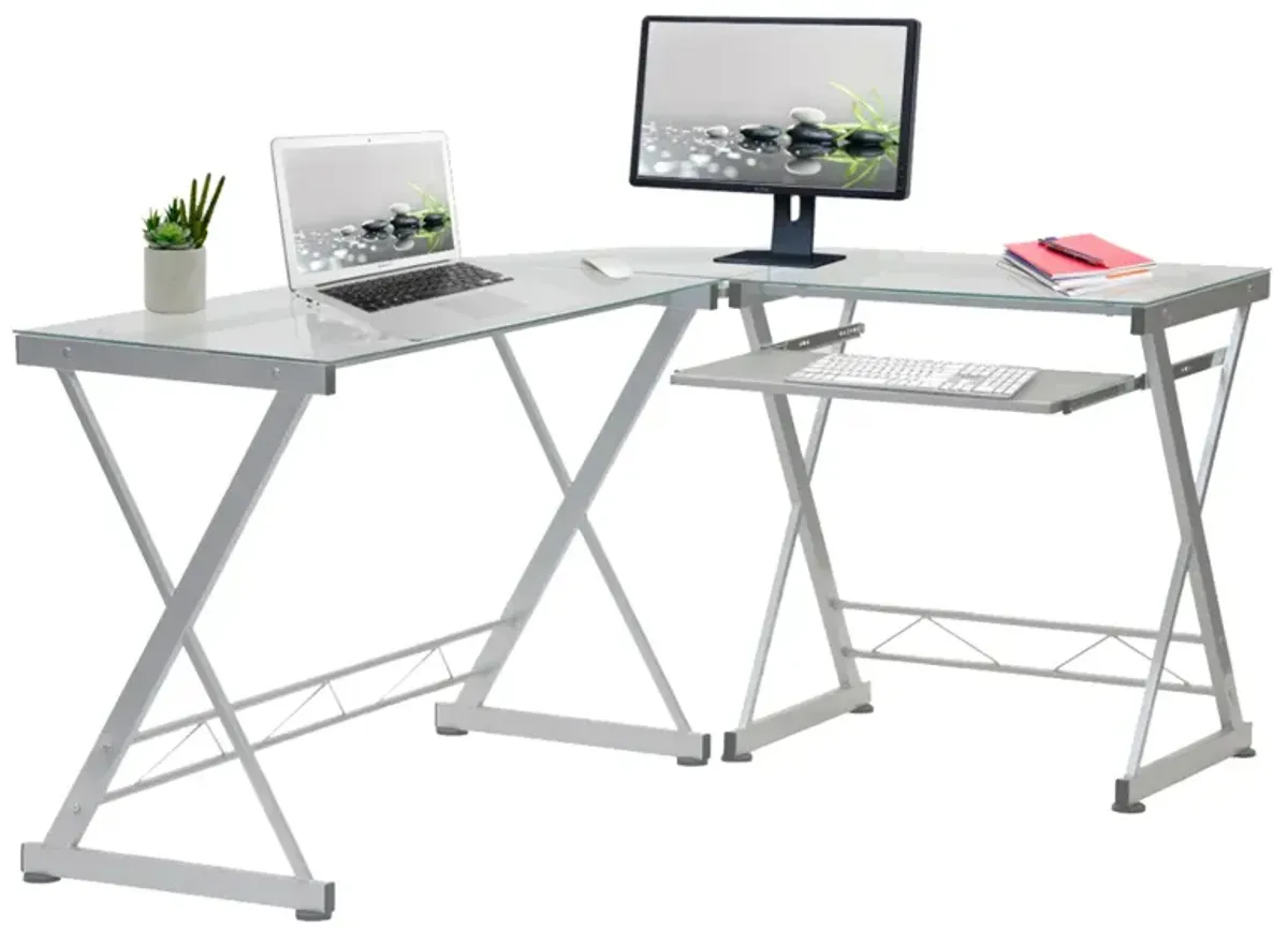 L-Shaped Tempered Glass Top Computer Desk with Pull Out Keyboard Panel, Clear